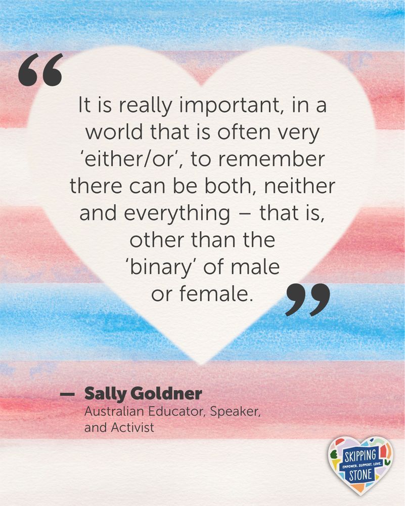 A watercolour trans flag background with a quote from Sally Goldner, Australian Educator, Speaker, and Activist: It is really important, in a world that is often very “either/or”, to remember there can be both, neither and everything – that is, other than the ‘binary’ of male or female.