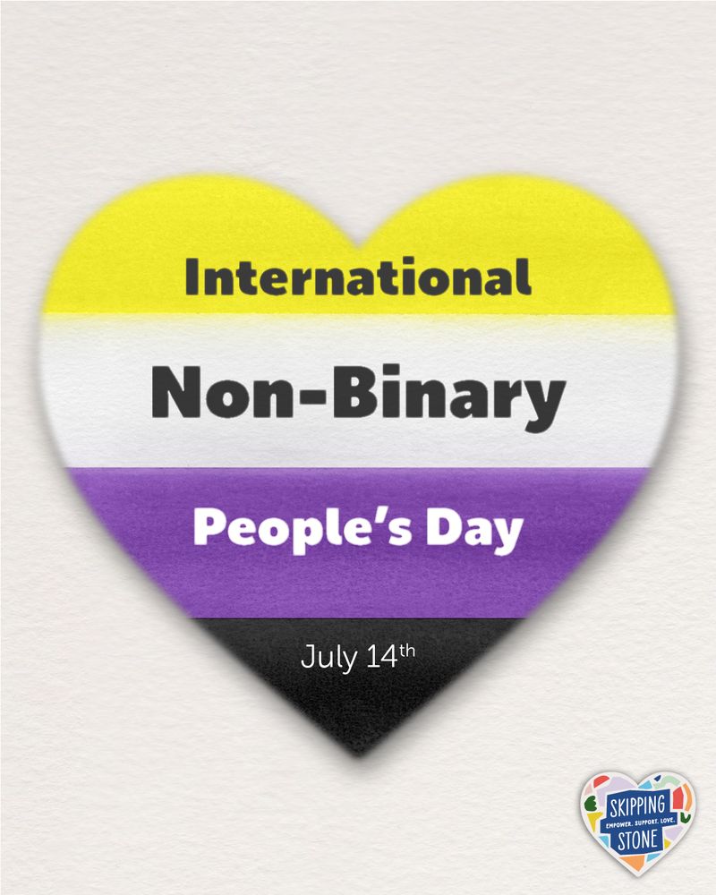 A watercolour heart in the nonbinary flag colours saying International Non-Binary People's Day July 14th.
