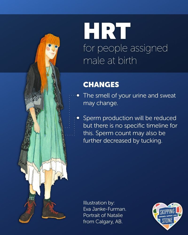 HRT for people assigned male at birth. Changes. The smell of your urine and sweat may change. Sperm production will be reduced but there is no specific timeline for this. Sperm count may also be further decreased by tucking. Illustration by: Eva Janke-Furman. Portrait of Natalie from Calgary, AB.