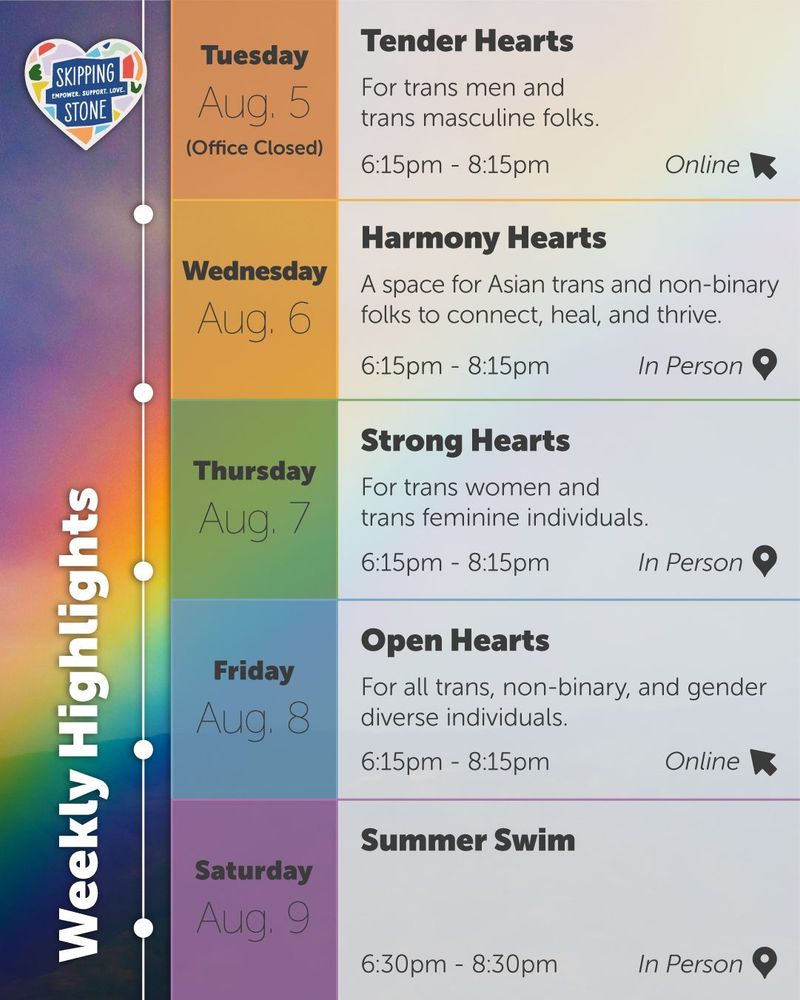 Weekly Highlights. Tuesday August 5 Office Closed, Tender Hearts for trans men and trans masculine folks 6:15pm to 8:15pm online. Wednesday August 6 Harmony Hearts a space for Asian trans and non-binary folks to connect, heal, and thrive  6:15pm to 8:15pm in person. Thursday August 7 Strong Hearts for trans women and trans feminine individuals  6:15pm to 8:15pm in person. Friday August 8 Open Hearts for all trans, non-binary, and gender diverse individuals  6:15pm to 8:15pm online. Saturday August 9 Summer Swim 6:30pm to 8:30pm in person.