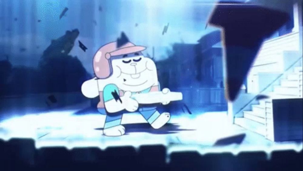 a cartoon character is holding a baseball bat in front of a tornado