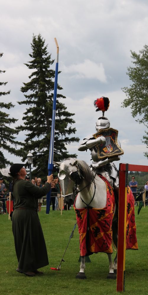The red knight celebrates in victory of scoring the point in the joust by thumping his shield.