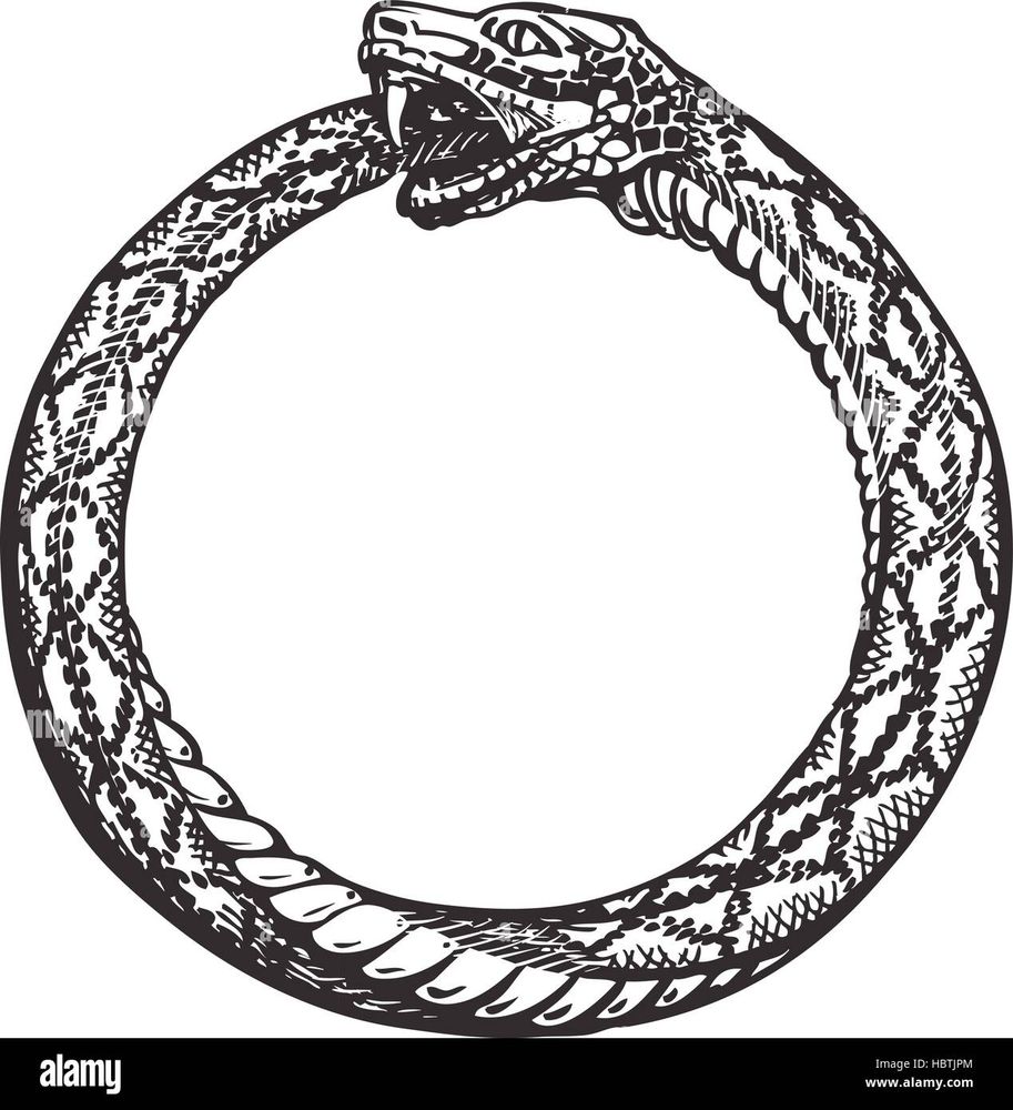 A black and white drawing of a circular Ouroboros, a snake eating its own tail.
