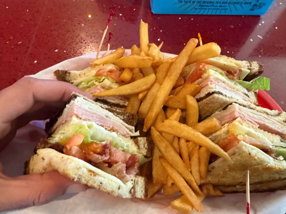 picture of a club sandwich on rue with fries