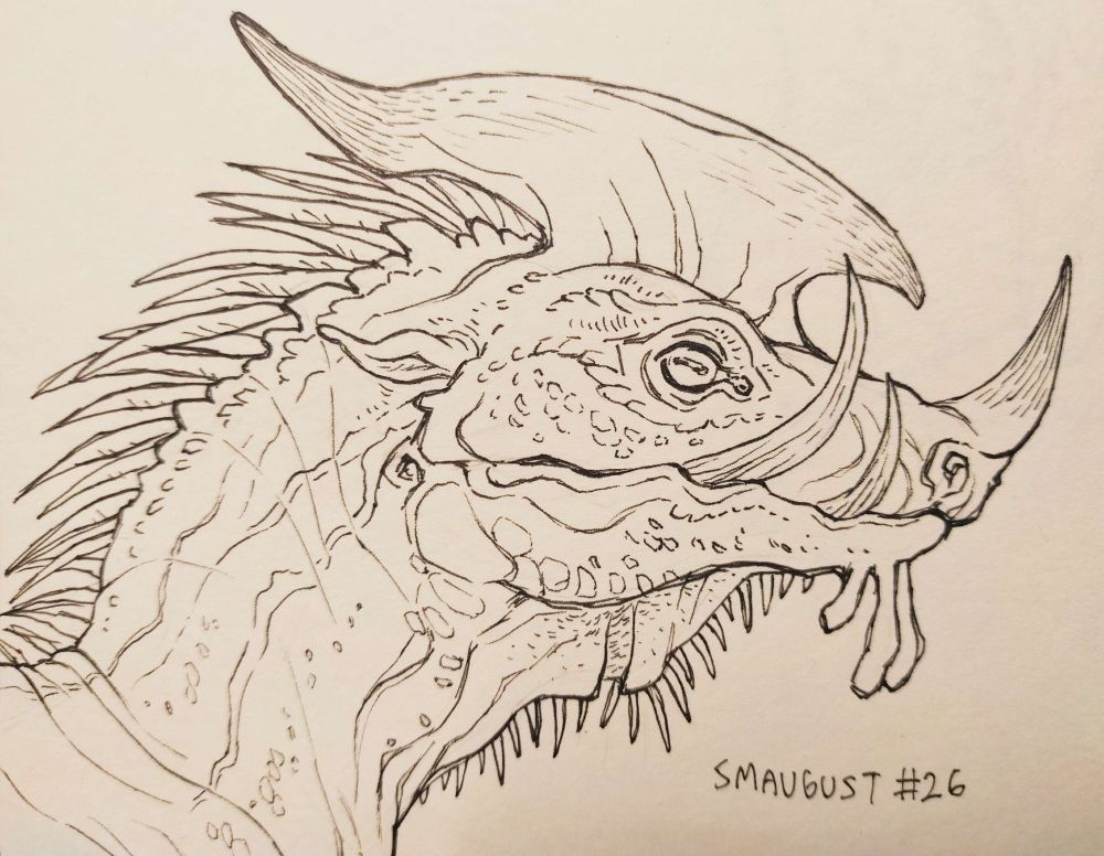 a traditional pen doodle of a dragon headshot. The dragon has a broad neck and face, and has leathery-scaley skin. Its covered in osteoderms and spines, and has a dewlap and several wattles. It has two large tusks, a large nose horn, and two large bony crests above its eyes. It has a fleshy nose and horizontal slit pupils.

 (this is a VERY confused design, like some weird mix of bovine/pig/rhino/igunana/whatever has big crests like these. maybe pterosaurs? idk I was just doodling with no specific end goal)
