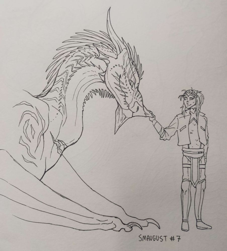 a traditional pen drawing of a dragon lowering her face down towards a human, who is holding one of her face crests. the dragon (safya) is very spiky, with stripey markings. the human (dimitri) looks a little bedraggled but happy.