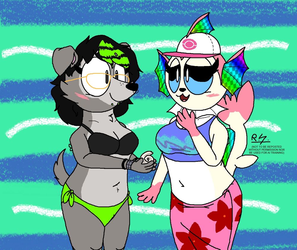 Racc shows a cute little seashell to Cawfea. Racc is a female grey dog who has black hair with green accents, piercings on her snout and lower lips, and is wearing a black drawstring bikini with green panties. Cawfea is a Vaporeon with vanilla skin and pink accents, checkerboard gills, and a Pokemon trainer hat, who is wearing a cropped tank top with a design identical to the "Jazz" cup design and a pink sarong with red flowers tied around her waist. Racc is looking down at the seashell, smiling, while Cawfea look at it in adoration. Both are blushing over a teal background with blue stripes and white wavy lines.