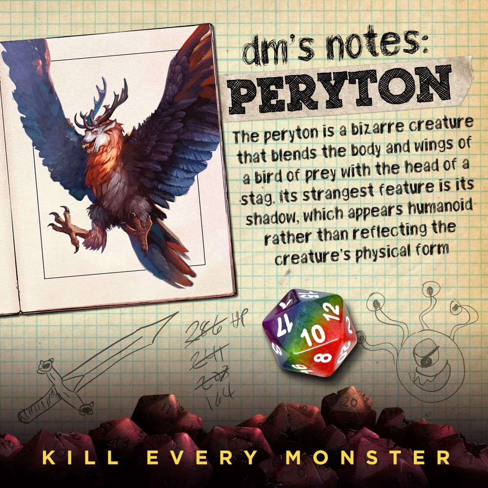 Episode cover for the Patreon-exclusive DM Notes of the "Kill Every Monster" Dungeons and Dragons podcast episode: Peryton.