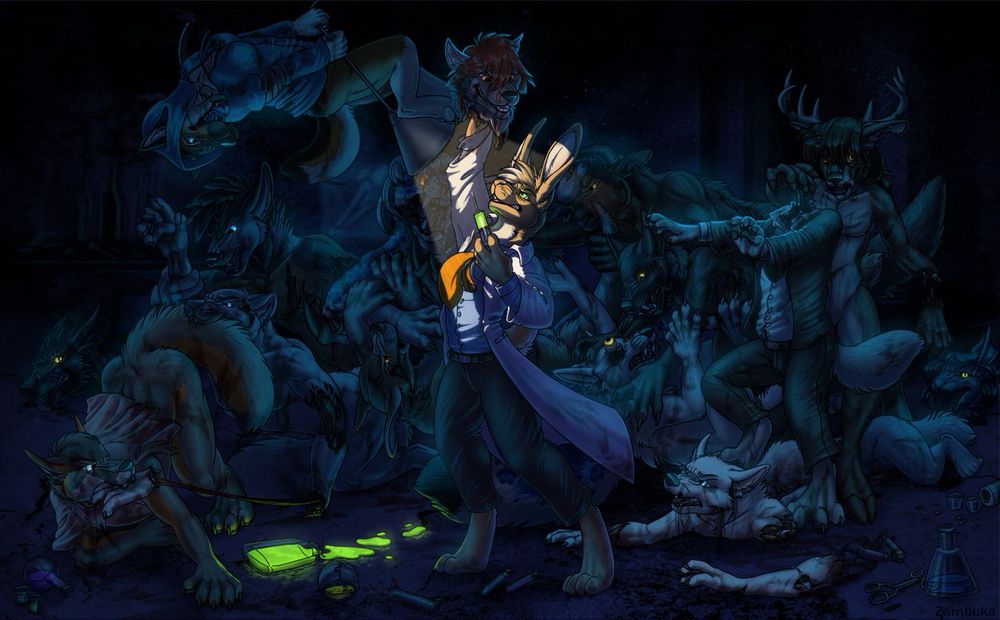 A gorey re-animator scene. Anthro rabbit holds a syringe full of green glowing liquid and a severed head. In the background, various zombie-like critters attack each other. 