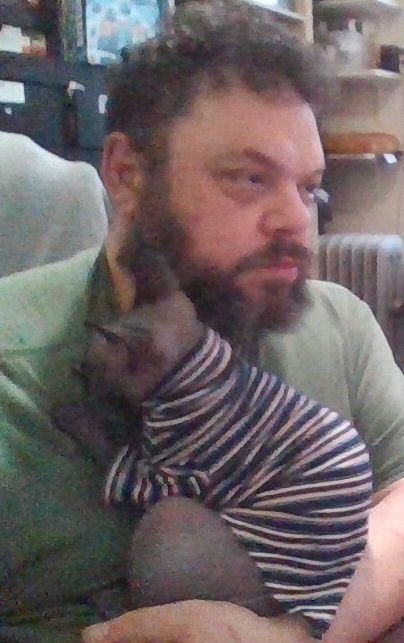 Moxie my blue sphynx, wearing a striped shirt, cuddled up on my chest