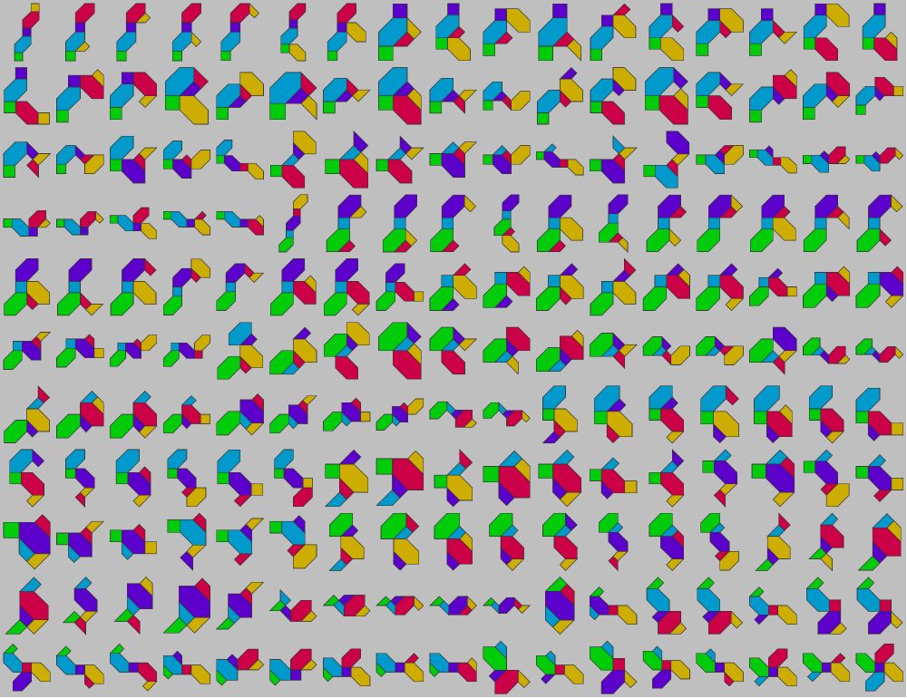 The 187 possible shapes that can be formed from 5 of the Valencia tiles.


Las 187 posibles formas que se pueden formar a partir de 5 fichas de Valencia.