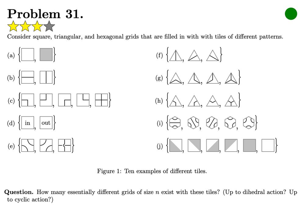 Problem 31, which asks about ways of tiling grids with various tile designs.