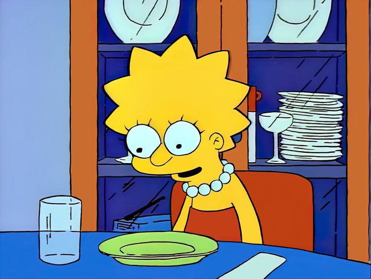 lisa simpson staring open mouthed and wide eyed down at a dinner table 