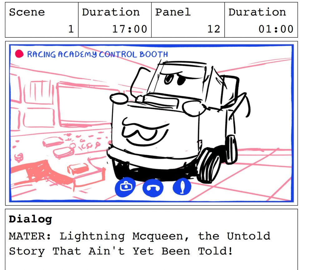 A storyboard panel from the Disney World animatronic show Lightning McQueen’s Racing Academy 
