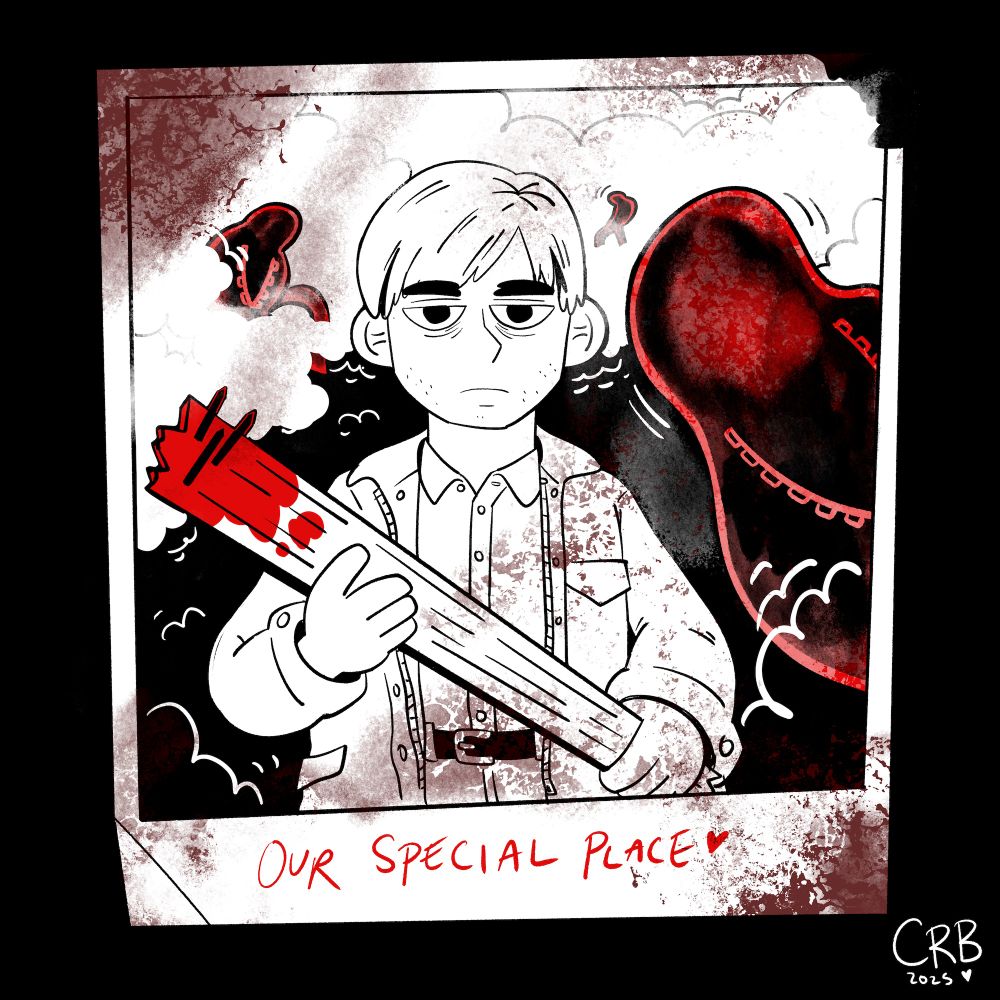 a cartoony polaroid of james sunderland standing blankly in front of a bunch of fog. he's holding a bloody piece of wood with nails in it.  there are three laying figures wiggling around around him, one's right next to him wiggling into frame like it's also posing. at the bottom it says "our special place <3"