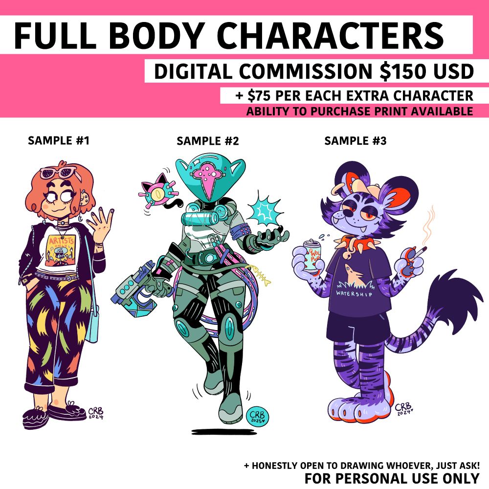 FULL BODY CHARACTERS - Digital commissions, $150 USD and +$75 for extra characters. Ability to purchase a print afterwards available. 
Sample 1 is a human, sample 2 is a guardian from destiny 2, and sample 3 is a furry purple tiger smoking a ciggie. these samples are not exhaustive, happy to draw whatever or whoever for you!

#furryart #destiny2 #commissions