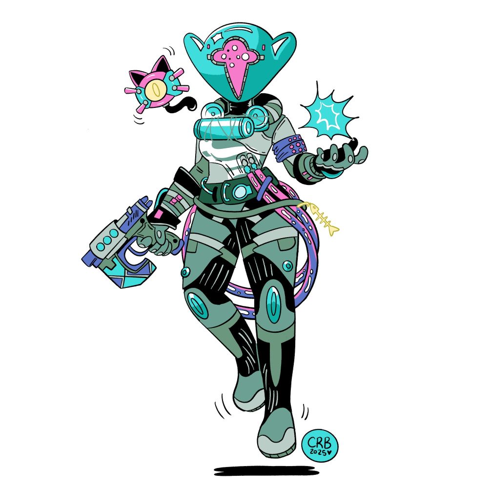 a cartoony drawing of my warlock & her at the time current fit 