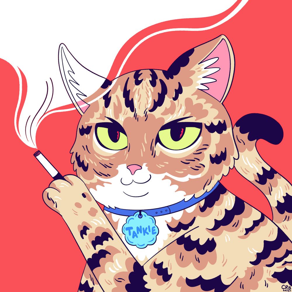  a square illustration of a brown tabby cat smoking a ciggy and mugging at the viewer in front of a red background. she's wearing a blue collar that says TANKIE, and she looks like a femme fatale 