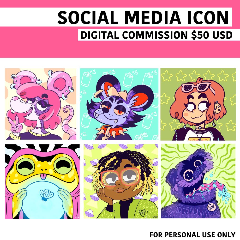 SOCIAL MEDIA ICONS - digital commissions, $50

an assortment of icons are seen below. humans, furries, a dog, and a magic toad are all in attendance. 