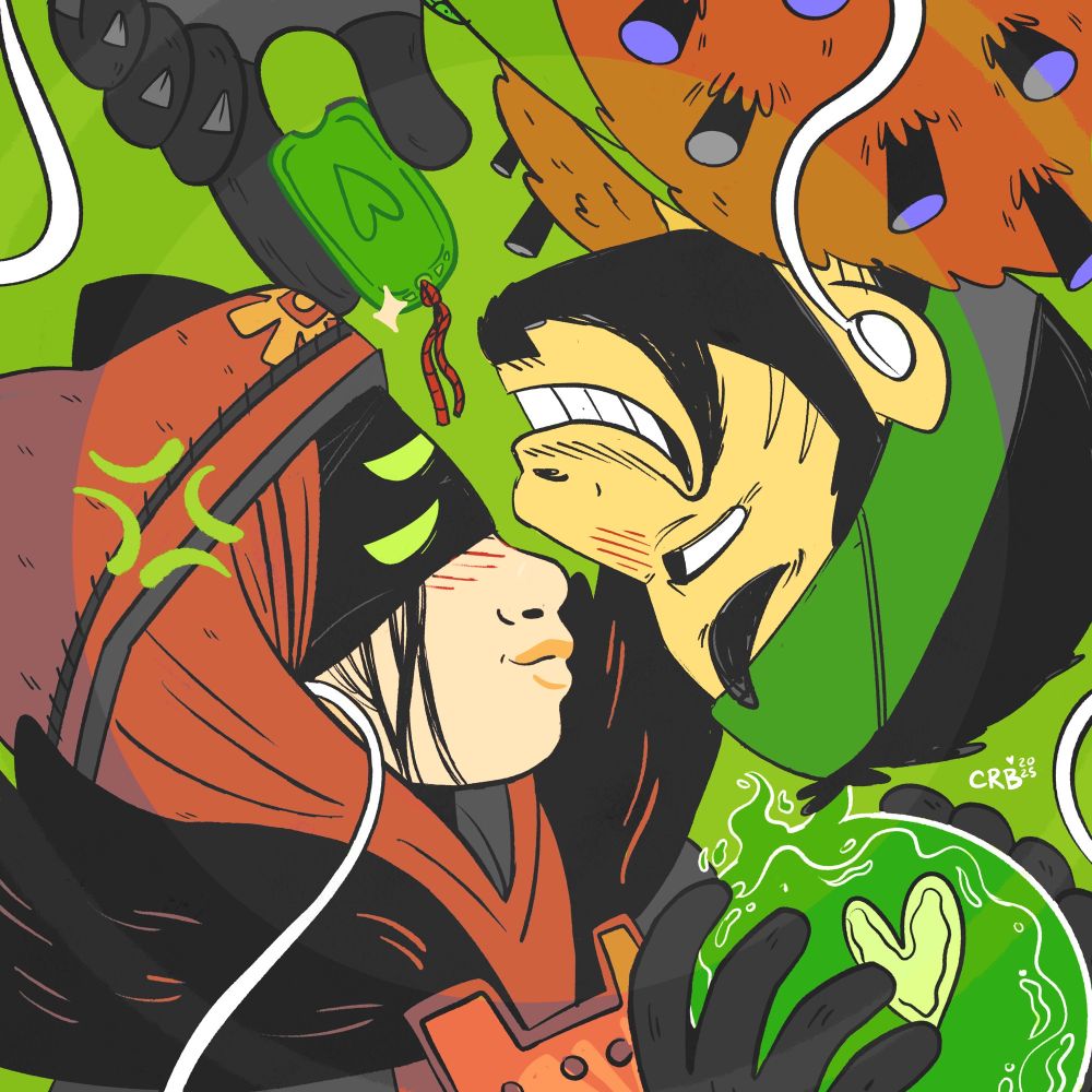 eris and drifter eris and drifter, drawn for a playlist album cover - they’re facing each other and listening to earbuds but he’s upside down