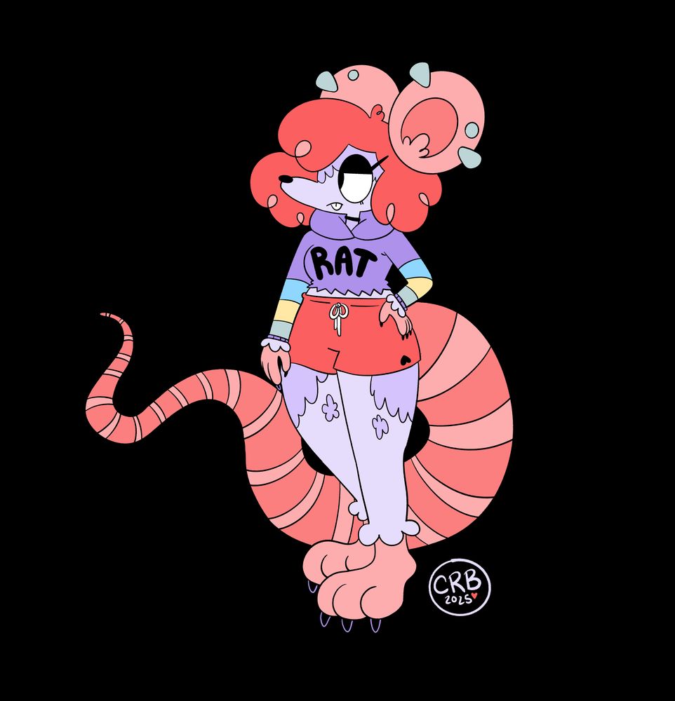 drawing of a rat furry girl with limited flat colors, wearing red sweatshorts and a purple crop hoodie that says RAT (so original i know)