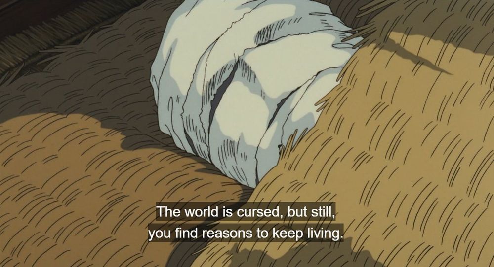 a screenshot from the animated film princess mononoke. a man covered in bandages lays on a straw mat, under a straw blanket. the caption says “The world is cursed, but still, you find reasons to keep living.”