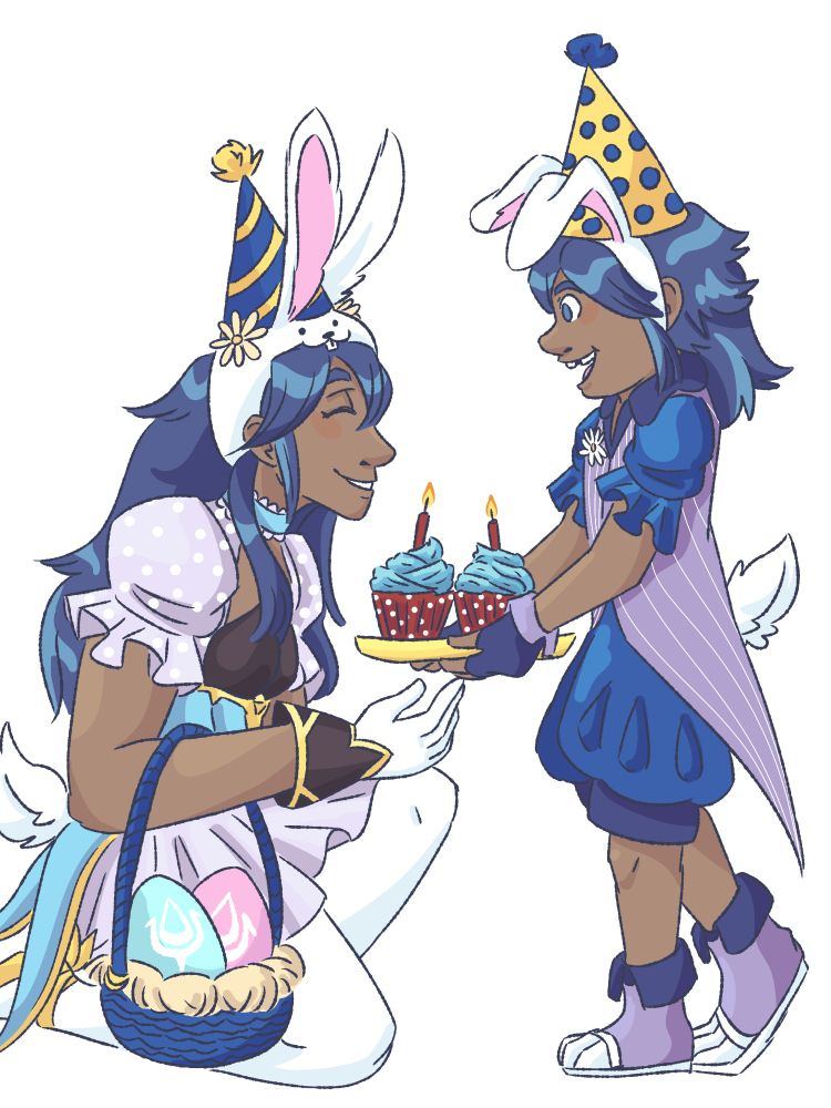 Older and younger Lucinas in easter bunny themed outfits and party hats. The older Lucina is kneeling down to her child self's level and smiling. The younger Lucina is holding out a plate of cupcakes to her, each with a candle.