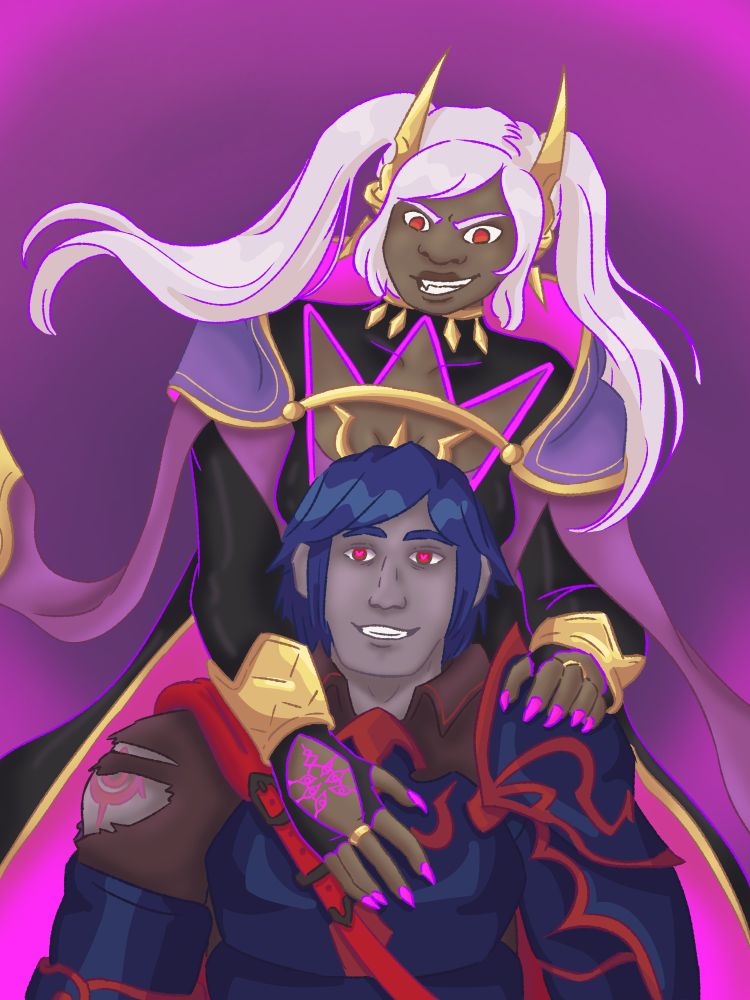 Rearmed Grima and Risen King Chrom. She's standing behind him, with her arms draped around him possessively, smirking down at her favorite subject. There's a crown-shaped cut-out at her chest, positioned just so that it's above Chrom's head. He's grinning, and though his eyes are blank, there are hearts in them in the same bright fuchsia as Grima's brand.