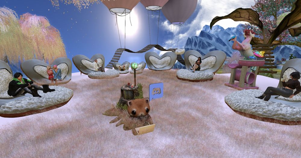 avatars sitting in a whimsical setting in a circle, gently celebrating.