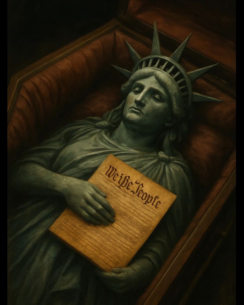 The Statue of Liberty lies dead in a coffin, holding a copy of the Declaration of Independence across her chest 