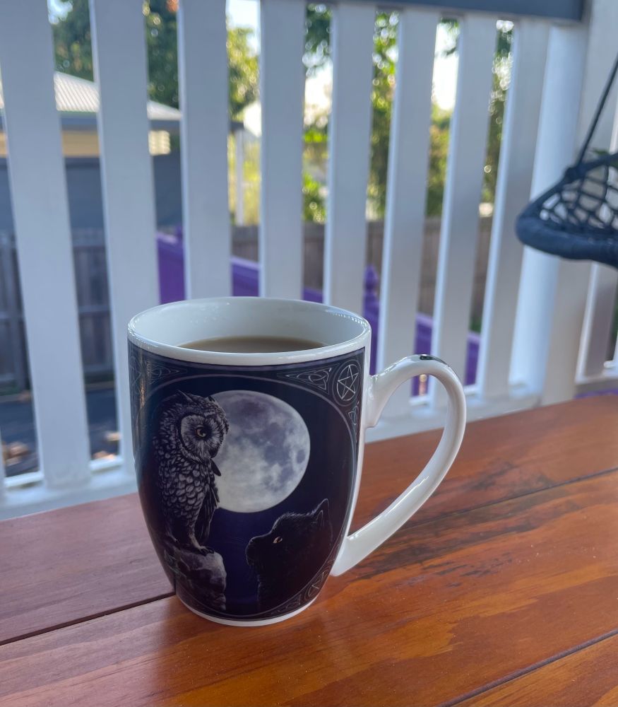 A bone china cup with a picture of an owl talking to a black cat with the moon in the background. 