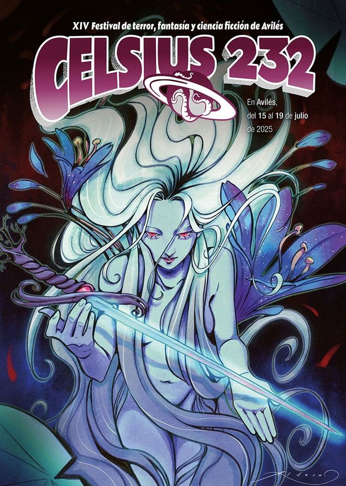 Cartel del Festival de Fantasía, Ciencia ficción y Terror Celsius 232. En Avilés del 15 al 19 de julio.
Imagen de una mujer de piel azul y pelo blanco ofreciendo una espada.