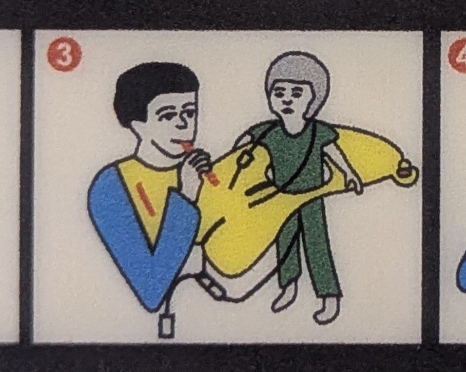 An image from an airplane safety guide showing an adult and child. The adult is holding the child in one hand and inflating the child's life jacket with the other, blowing into what looks like a flute but is presumably supposed to be the inflatable blowhole.