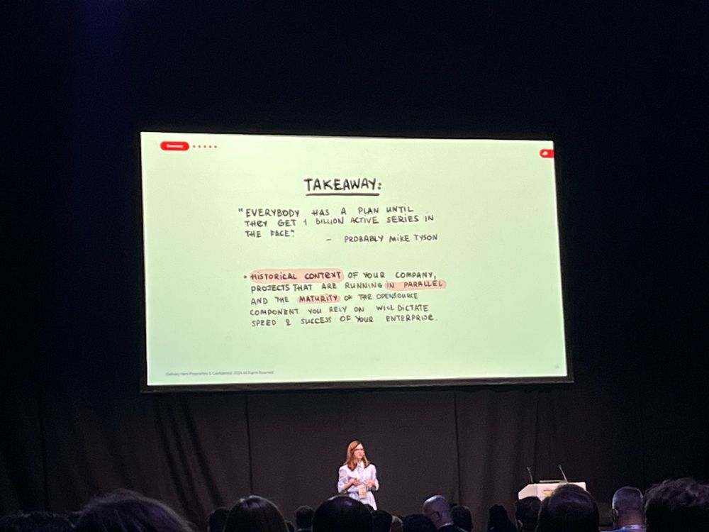 Elena Kovalenko's slide with the "Takeaway: Everybody has a plan until they get 1 billion active series in the face" humorously and apocryphally attributed to Mike Tyson