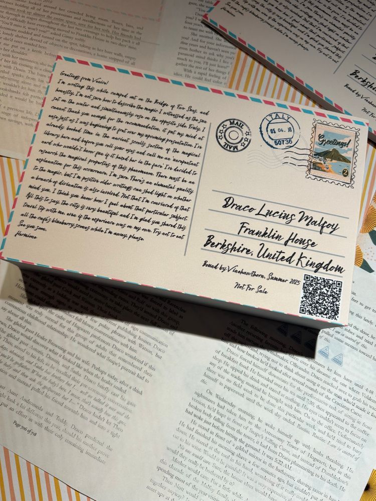 Photograph of a bind of Remain Nameless designed to look like a post card from Venice. This photo has the back cover which is designed after the postcard hermione sends draco from Venice in the story.  