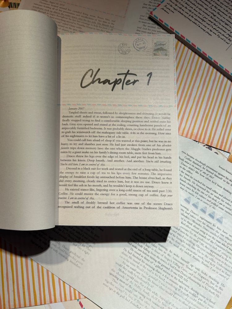 Photograph of a bind of Remain Nameless designed to look like a post card from Venice. This photo has the book open with the chapter design that is a postcard outline. 