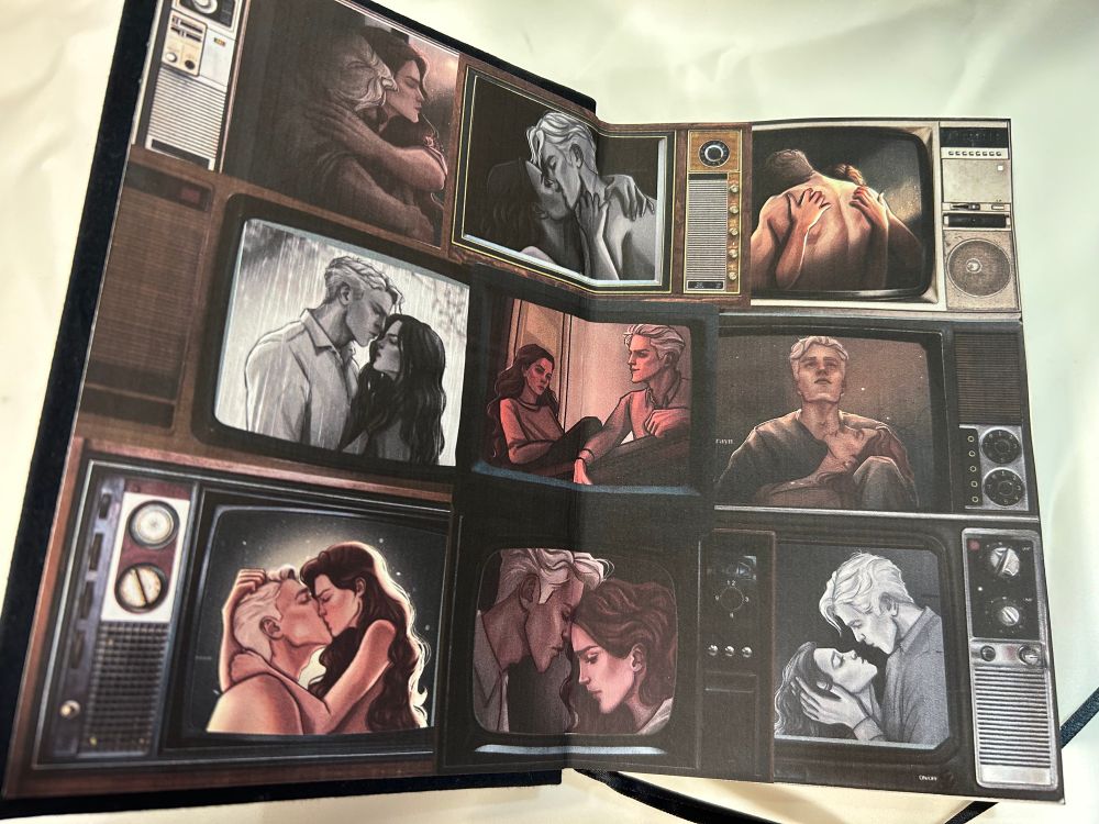 Cover pages of a fanfic bind with retro looking TVs and art by Elivrayn of Draco and Hermione 
