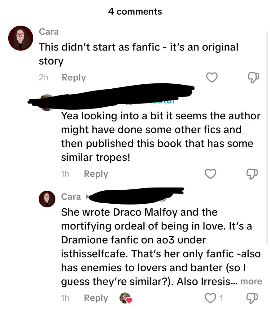 Cara: this didn’t start as fanfic - it’s an original story
Creator: Yea looking into a bit it seems the author might have done some other fics and then published this book that has some similar tropes!
Cara: She wrote Draco Malfoy and the mortifying ordeal of being in love. It’s a Dramione fanfic on ao3 under isthisselfcafe. That’s her only fanfic -also has enemies to lovers and banter (so I guess they’re similar?). Also Irresistible Urge is going to be a duology, so this is one of two books.