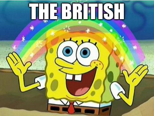 Sponge Bob Squarepants meme met een regenboog, met de woorden: The British