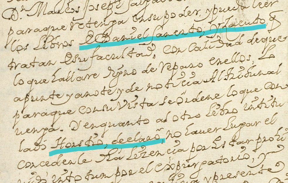 An early XVIII handwritten text in Spanish with a few words highlighted: El Daniel Sanerto y Zacuto, Horstii