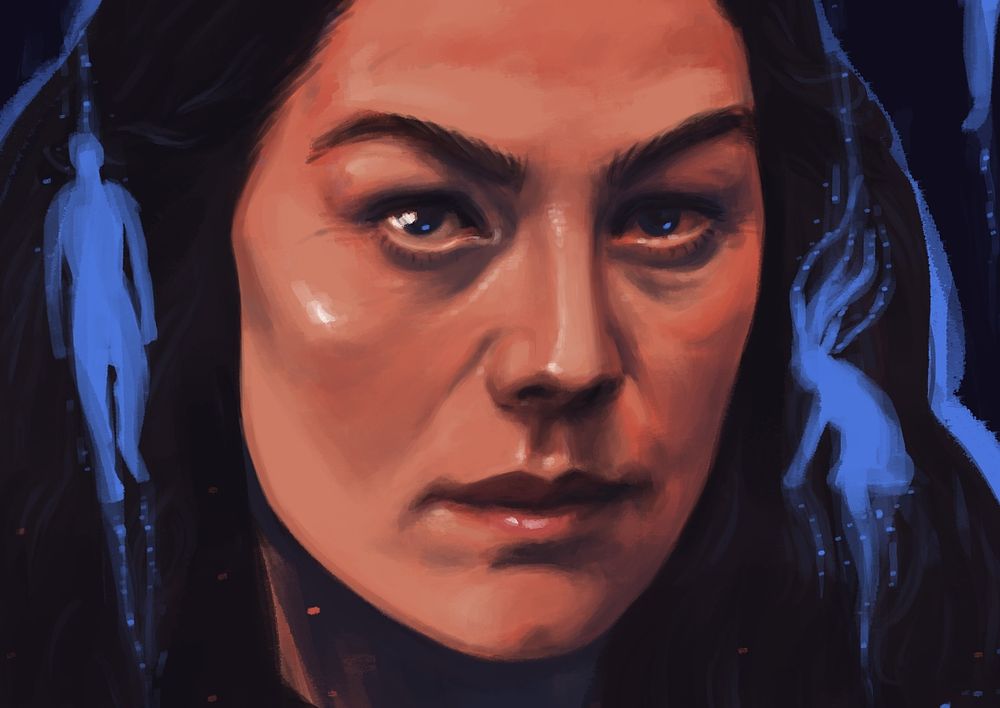 Closeup on Moiraine's face, showing the intensity of her gaze. The blue silhouettes of Rand and Nynaeve frame her face on each side.