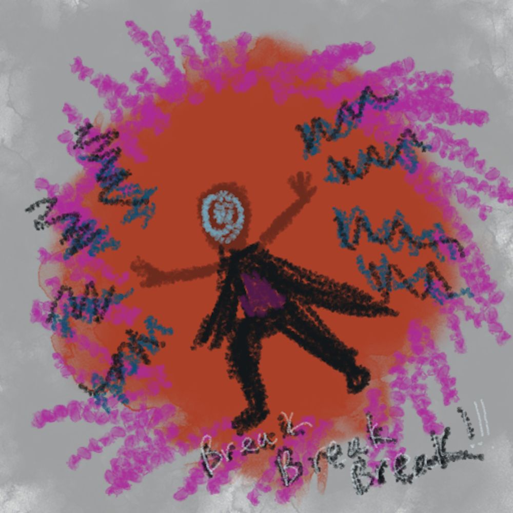 On a background of red and purple and grey, a faceless Black figure is pushing out determined to break break through all that has been haunting them
 