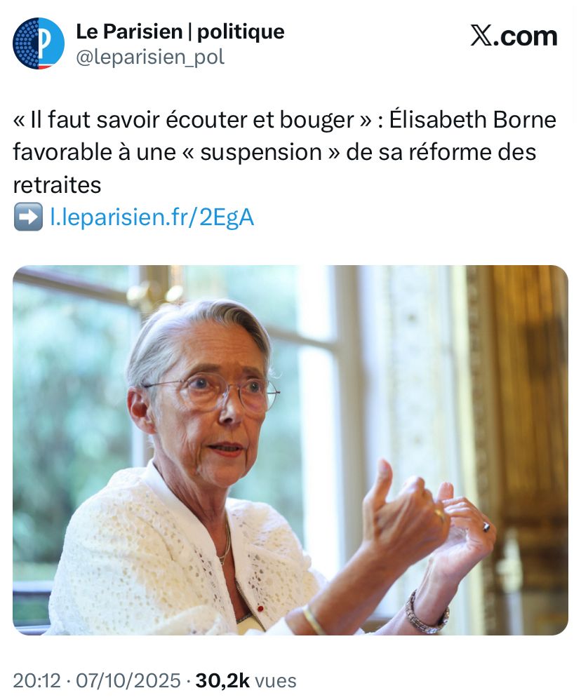 « Il faut savoir écouter et bouger » : Elisabeth Borne favorable à une « suspension » de sa réforme des retraites.