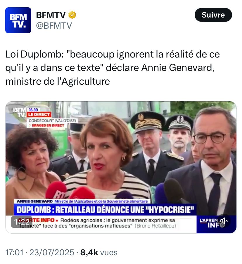 Loi Duplomb: "beaucoup ignorent la réalité de ce qu'il y a dans ce texte" déclare Annie Genevard, ministre de l'Agriculture.