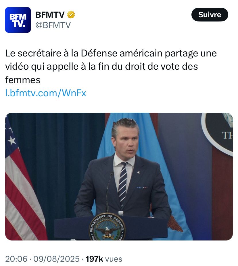 Le secrétaire à La Défense américain partage une vidéo qui appelle à la fin du droit de vote des femmes. 