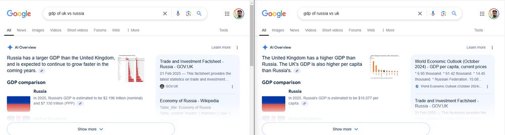 Two google searches. One, 'gdp of uk vs Russia' has an AI overview stating that Russia has a larger GDP than the UK. The other, 'gdp of russia vs uk' states that the UK has a higher GDP than Russia. 