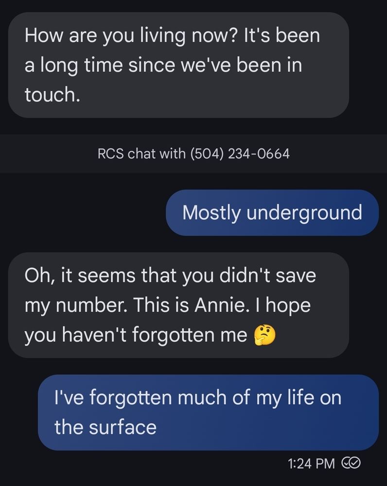 Text message exchange:

Them: How are you living now? It's been a long time since we've been in touch.

Me: Mostly underground

Them: Oh, it seems that you didn't save my number. This is Annie. I hope you haven't forgotten me

Me: I've forgotten much of my life on the surface