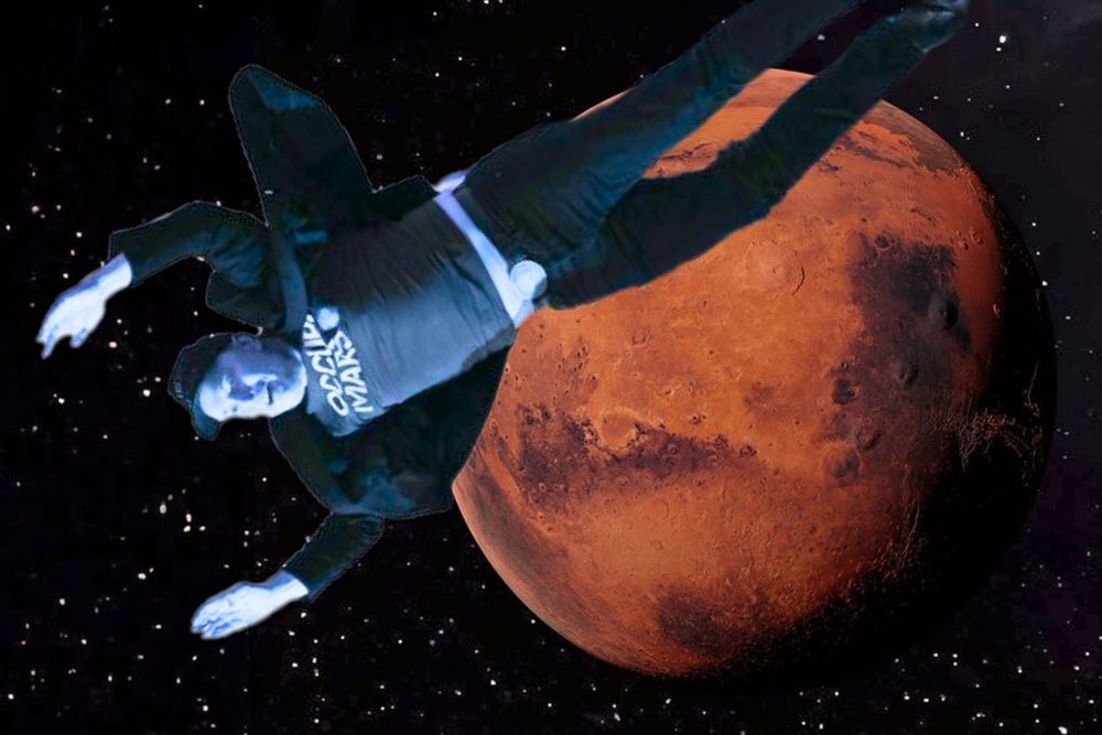 Elon jumping but photoshopped to look frozen, ejected, lifeless, floating in cold space orbiting mars