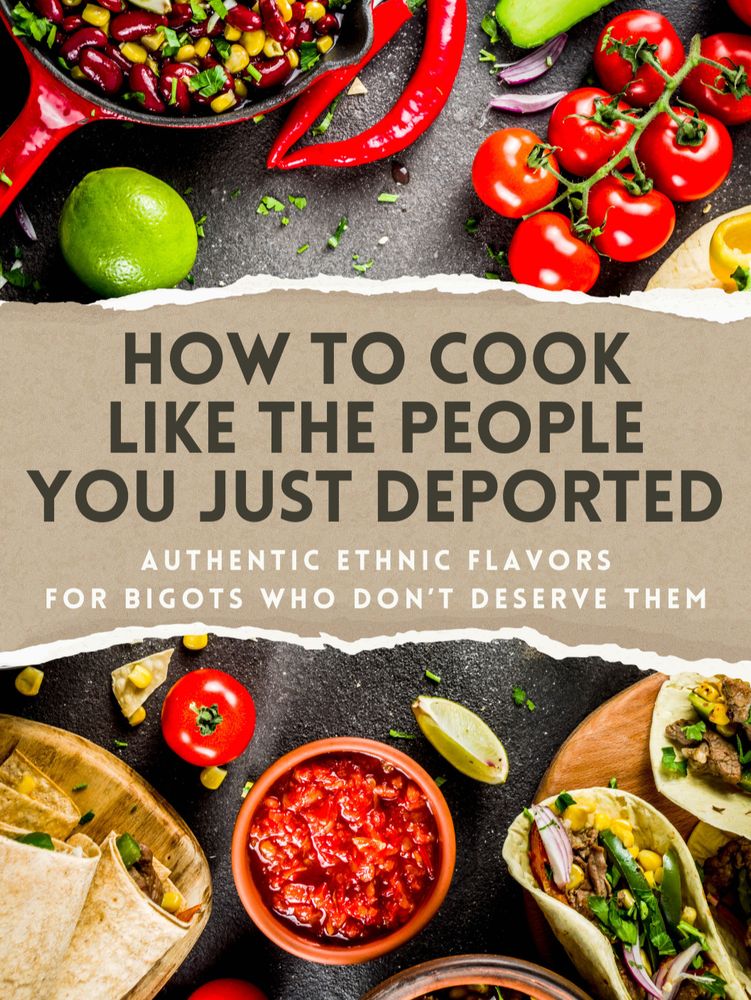 Recipe book cover mockup. Vibrant photo of food ona slate grey counter. Tomatoes, limes, street tacos, a red enamel skillet with beans, chili peppers, salsa, corn tortillas stuffed with picadillo. A graphic effect in the center appears to reveal text by tearing this photo. The text reads "HOW TO COOK LIKE THE PEOPLE YOU JUST DEPORTED Authentic ethnic flavors for bigots who don't deserve them"