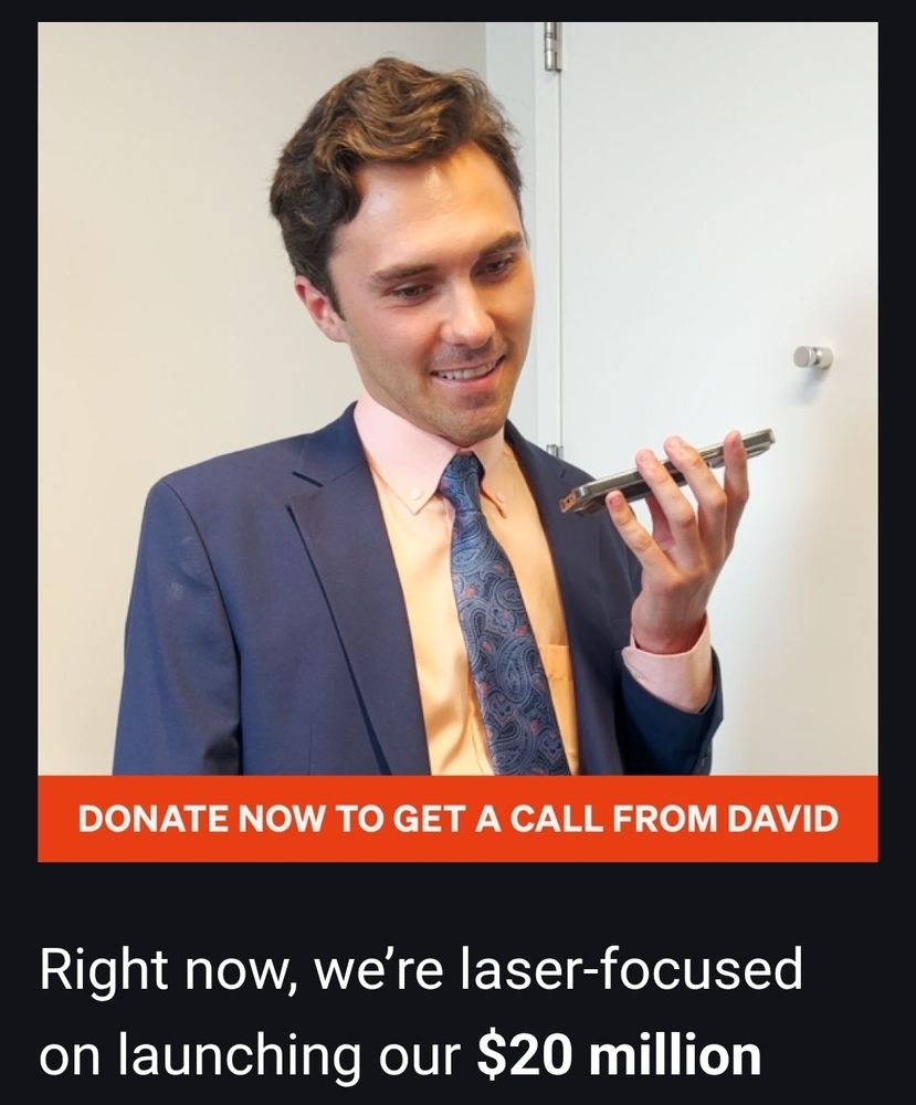 Fundraising ad for Leaders We Deserve shows David Hogg holding the phone away from his face on speakerphone with a bemused expression. Text says donate now to get a call from David. 